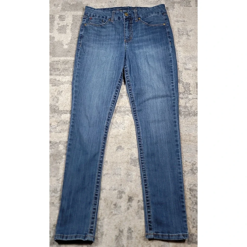 Seven7 Women's Tapered Leg Jeans Size 12 Blue Stretch‎ Denim Mid Rise Sz 32x29